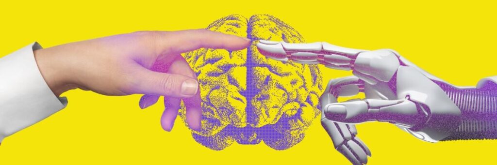 a person and robot touching index fingers in front of a brain