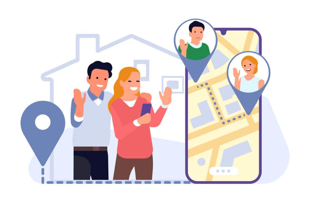 illustration of family with gps and kids on cell device
