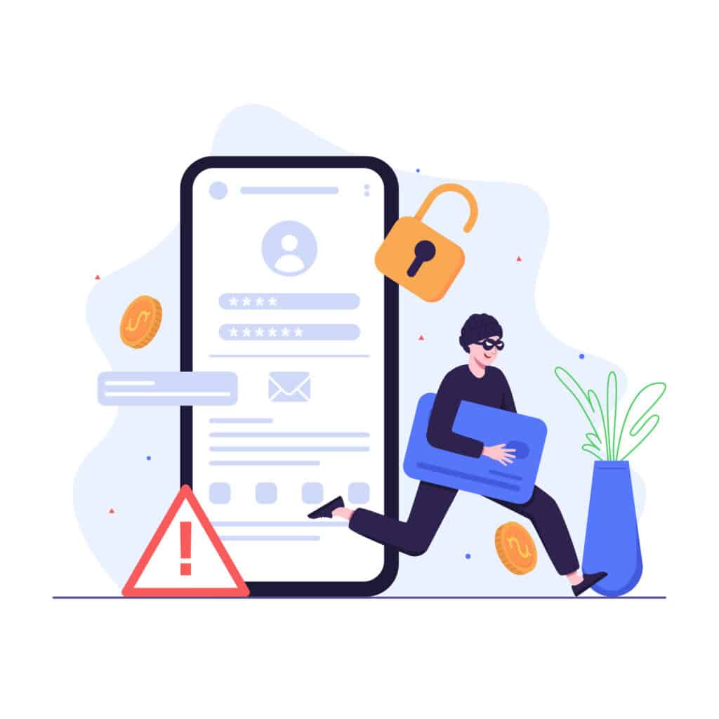 illustration of thief with credit card running out of cell phone