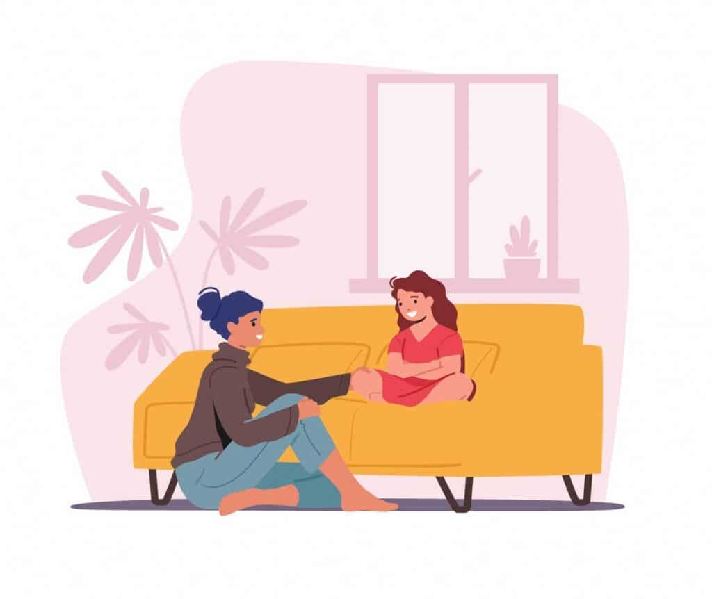 illustration of mother and daughter on couch talking