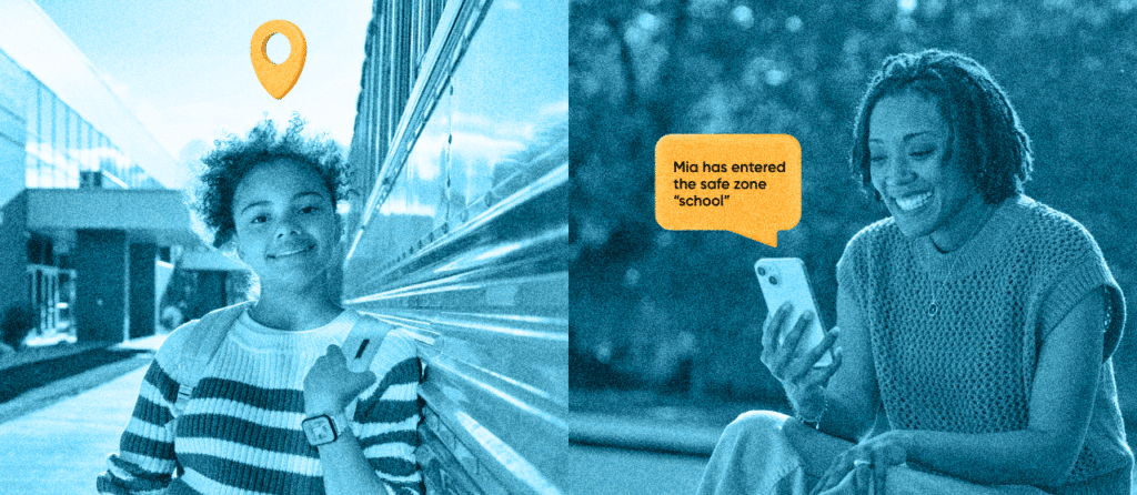 daughter with safe zones on her gabb watch and mother getting safe zone notification on her phone