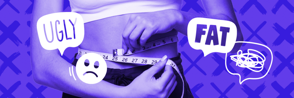 person holding measuring tape around their waste with sad emoji face and rude comments floating around