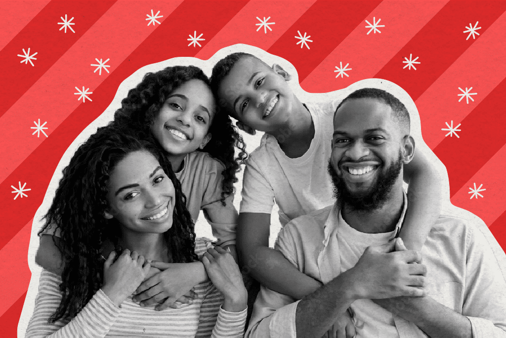 Black family of 4 hugging