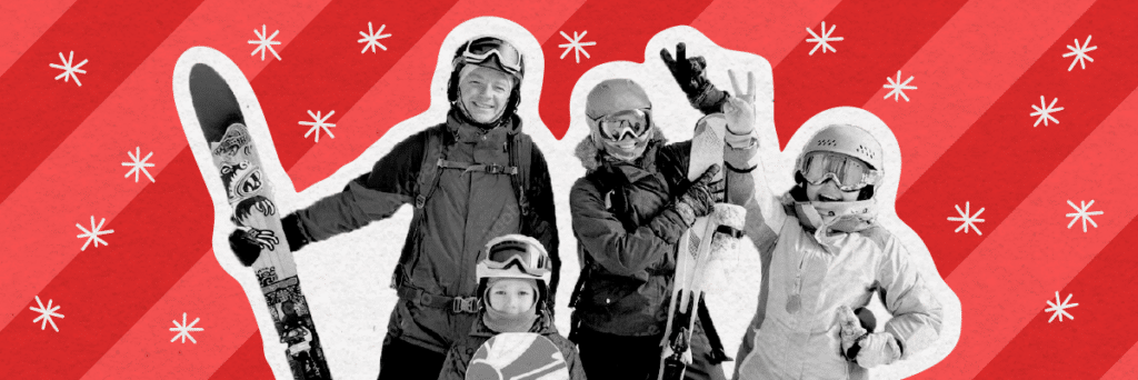 happy family skiing together with a graphic holiday background