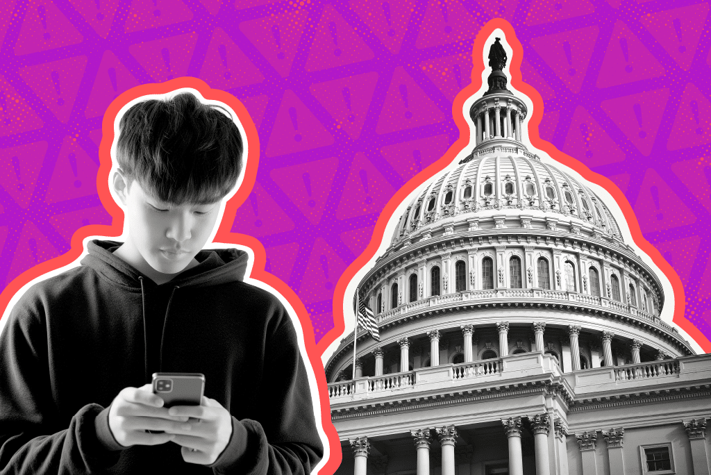 Teen on a phone next to a government building