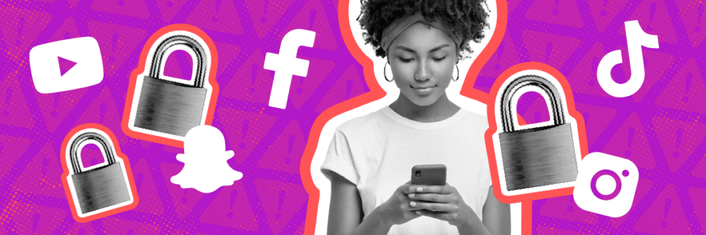 teen girl looking at cell phone with social media logos and locks floating around her