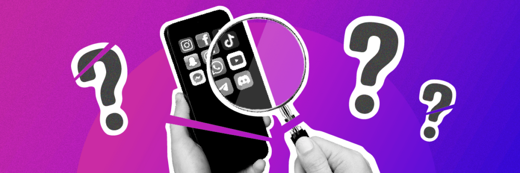 someone holding smartphone apps under a magnifying glass with question marks floating around