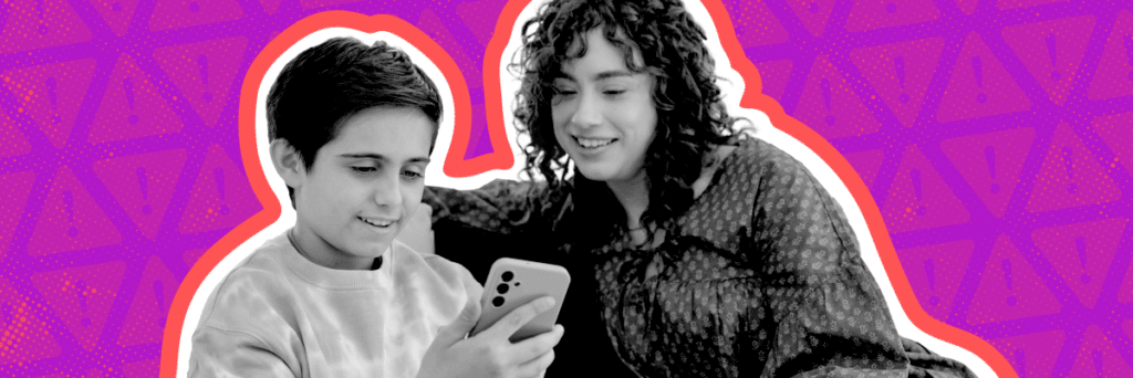 mom and son looking at gabb phone for kids together