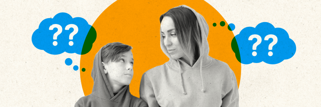 mom and son looking at each other with thought bubbles of question marks