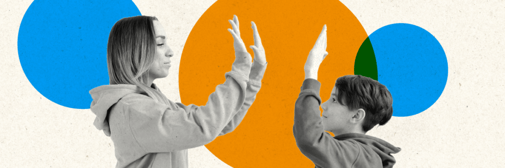 woman doing a double high five with her son