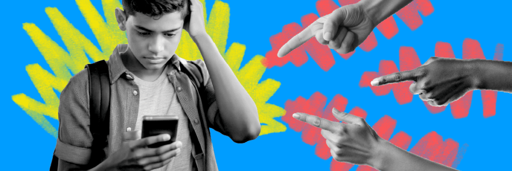 fingers pointing at teen boy looking at his cell phone