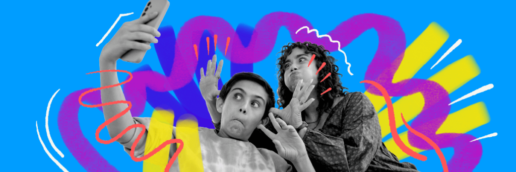 mom and son making silly faces in a selfie on their gabb devices