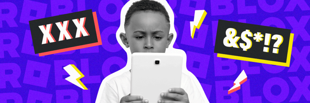 kid looking at tablet with expletives floating around him