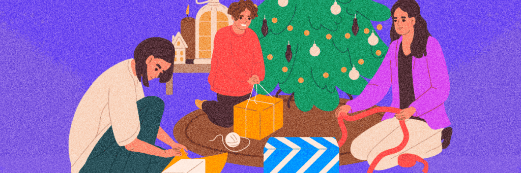 illustration of family wrapping christmas gifts together