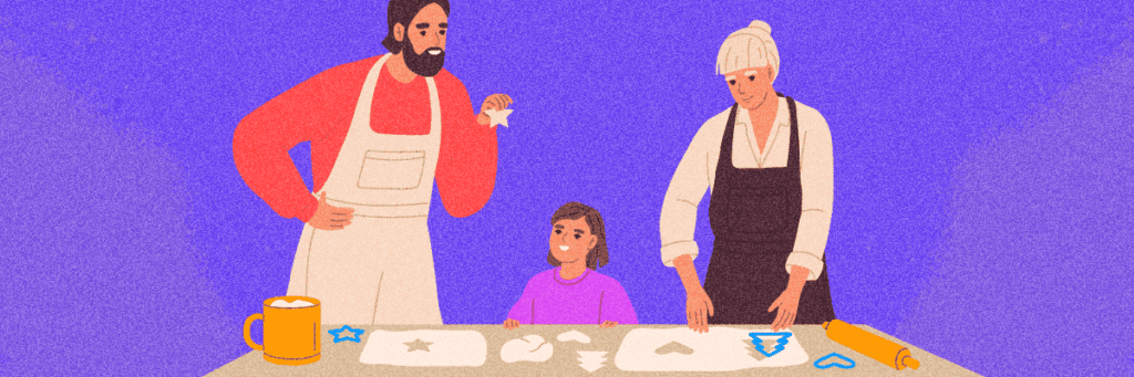 illustration of family baking holiday cookies together