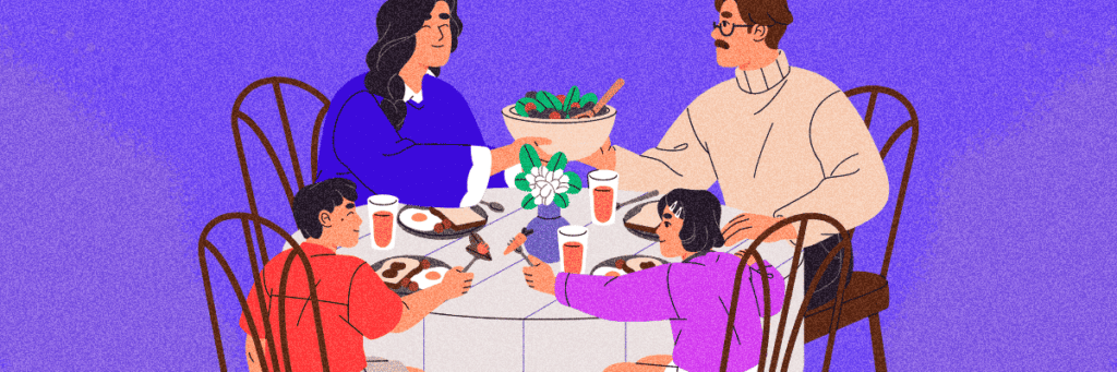 illustration of family eating dinner together without smartphones