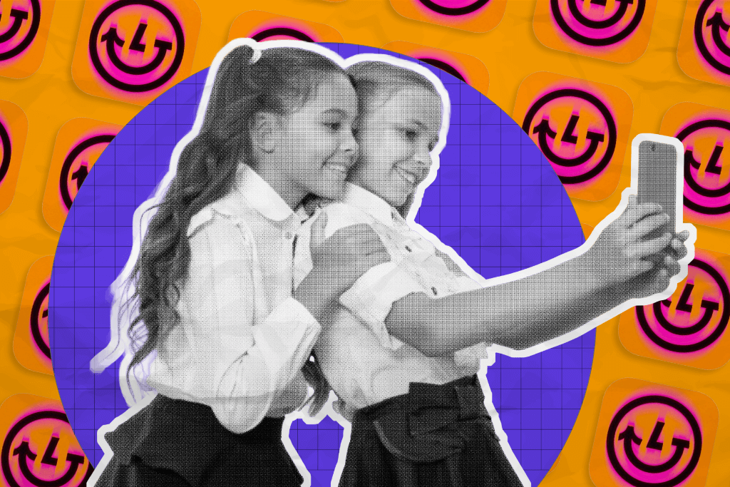 Two girls taking a selfie with the Lapse app logo behind them