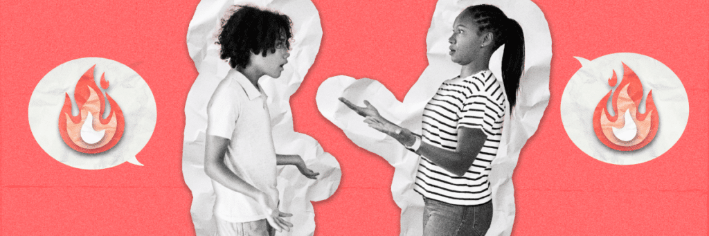 a mom and son looking at each other with mouths agape