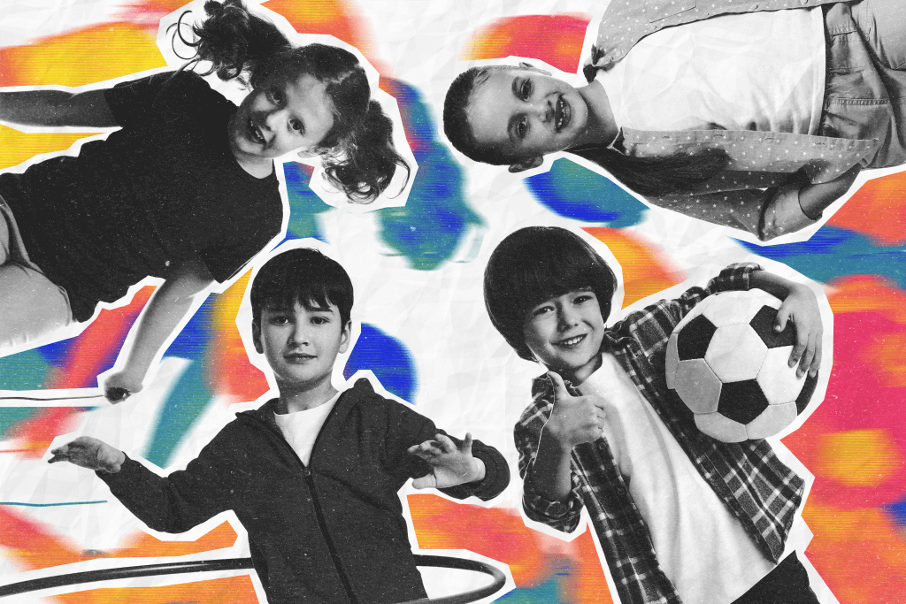 4 stylized photos of kids doing off screen activities - hulu hooping, soccer, dancing and jump rope