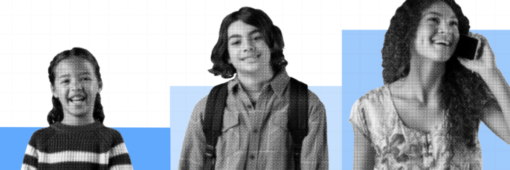 kids growing up with safe smart watches and phones that are age appropriate for them. little girl, preteen boy, and teenage girl talking on her gabb phone 4 pro