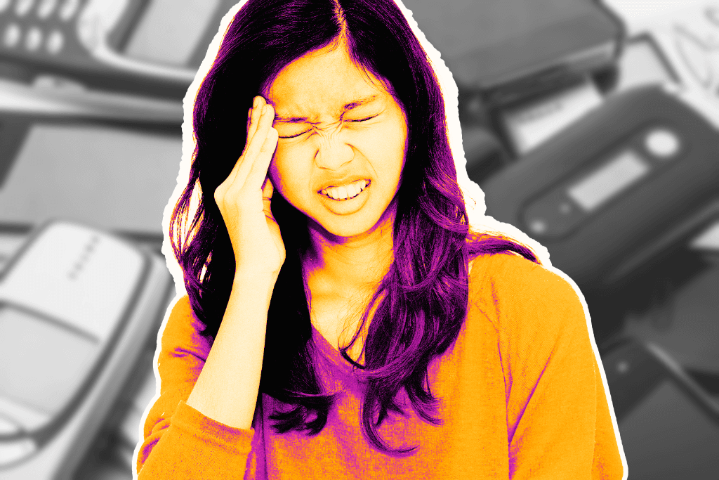 Young women with eye pain from too much screen time