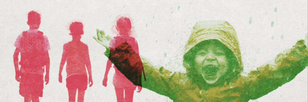 three little kids walking away and one happy kid playing in the rain