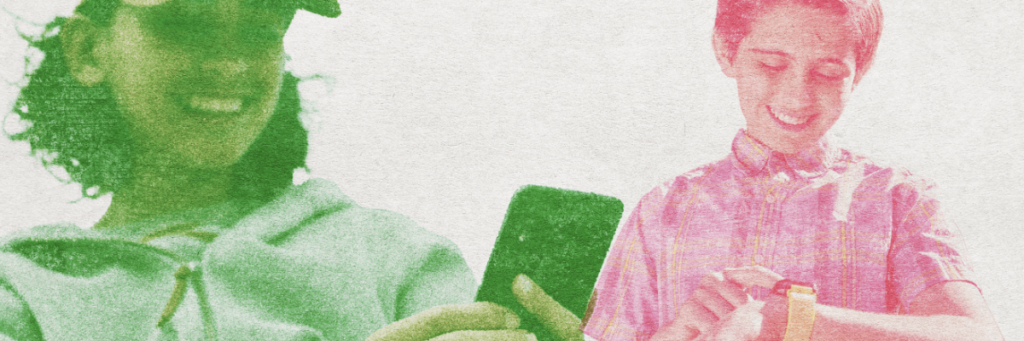 happy kids looking at thei gabb watch and gabb phone