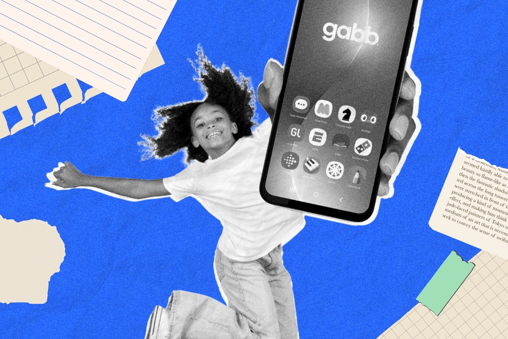 A girl jumping and holding a Gabb phone.