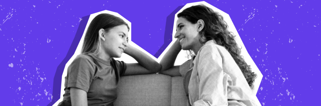 mom chats with her teen daughter on a couch