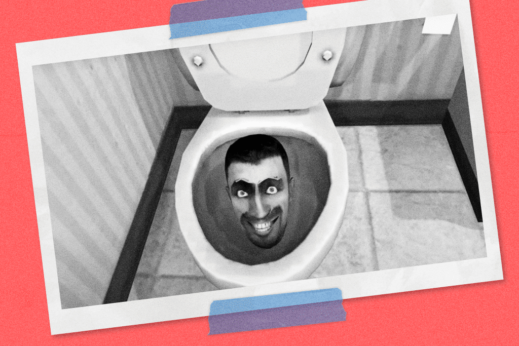 Screenshot from the Skibidi Toilet Youtube show of a head coming out of a toilet.