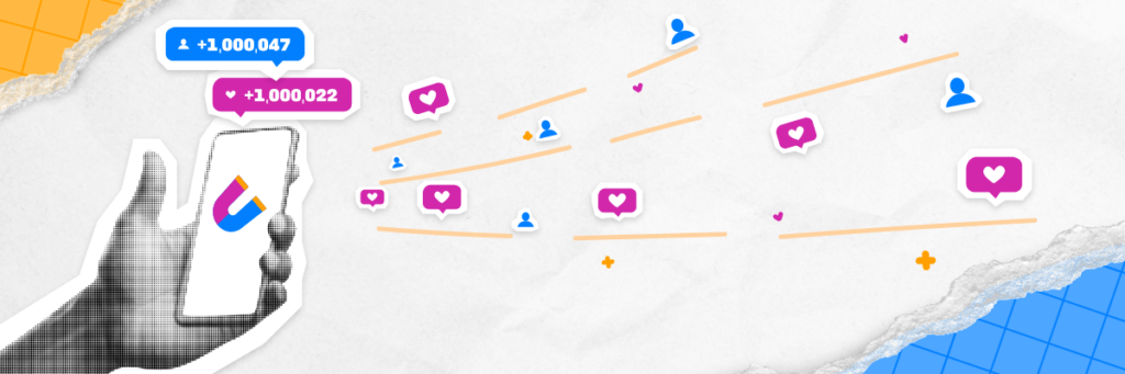 hand holding a phone with follower and likes floating off of it