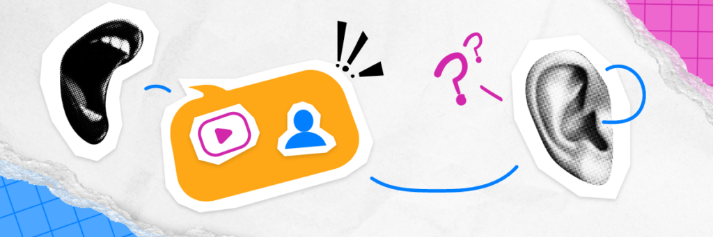 Collage-style illustration showing a mouth speaking, a speech bubble with video and profile icons, question marks, and an ear—symbolizing the cycle of speaking, sharing, confusion, and selective listening on social media.