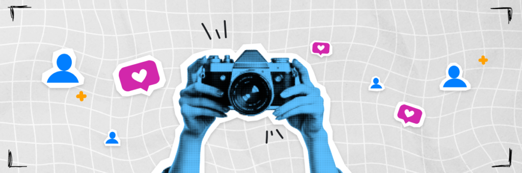hands holding a film camera with floating illustrated people and likes icons