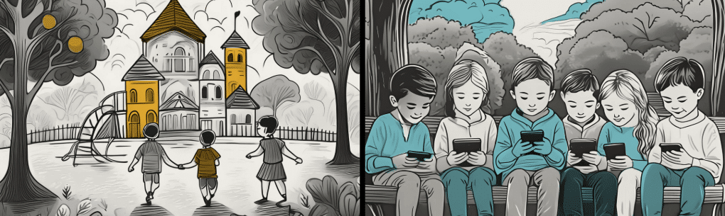 kids playing on a playground versus a bunch of kids sitting on their phones
