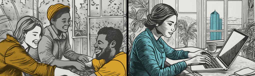 happy community verses a single person on a computer