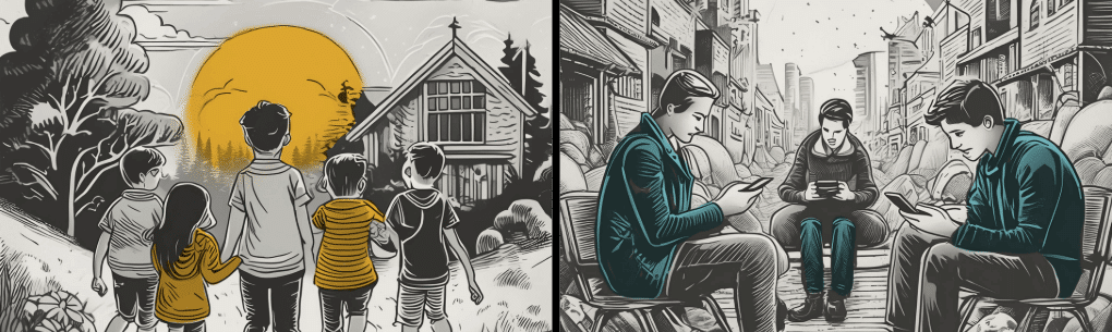 kids walking outside versus 3 teen boys looking at their phones