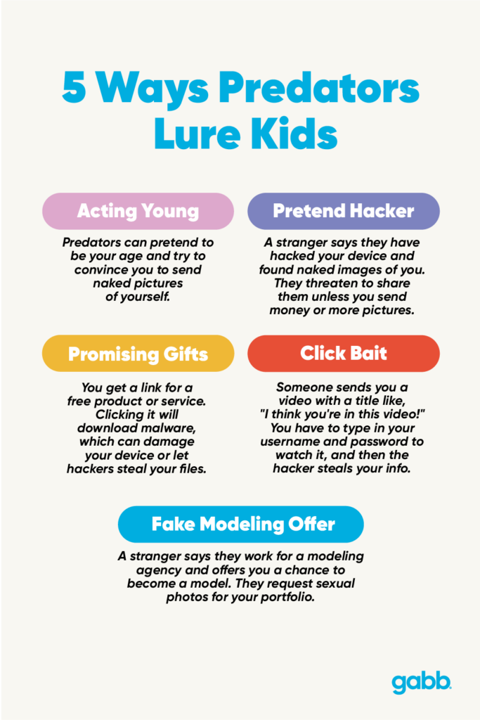 5 ways predators lure kids: acting young, pretend hacker, promising gifts, clickbait, and fake modeling offer