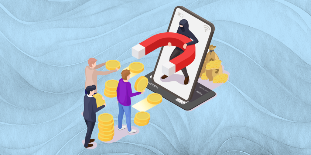 illustration of thief in a phone with a magnet getting money from people