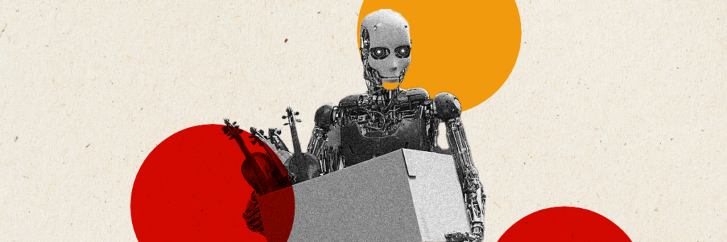 creepy robot carrying violins in a box