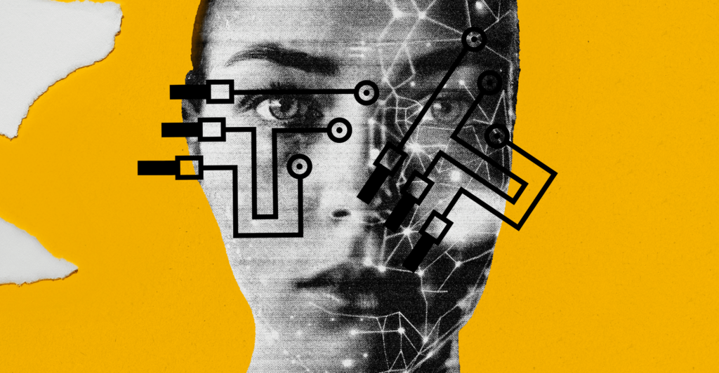 Women's photo with slightly transparent overlay of a motherboard to make her look robotic