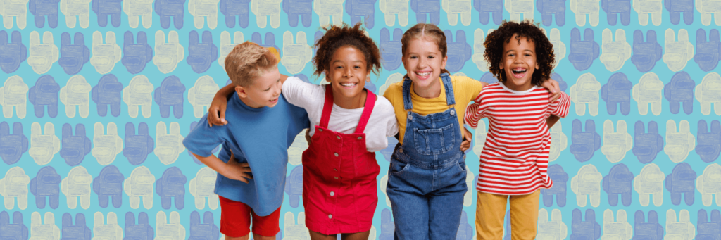 four smiling kids with arms around each others shoulders