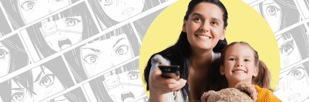 mom and daughter smiling hold up a remote with an anime background