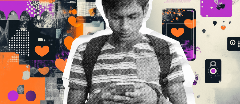 A teen boy on a phone with a stylized background