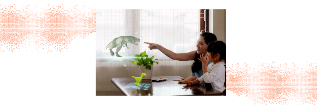 mother and daughter looking at hologram