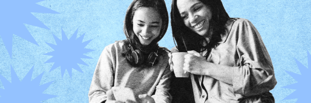 mom and daughter smiling at her gabb phone