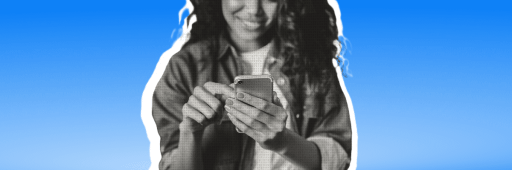 teen girl looking at cell phone with bluesky