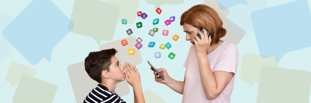 young boy begging his mom for apps on a cell phone