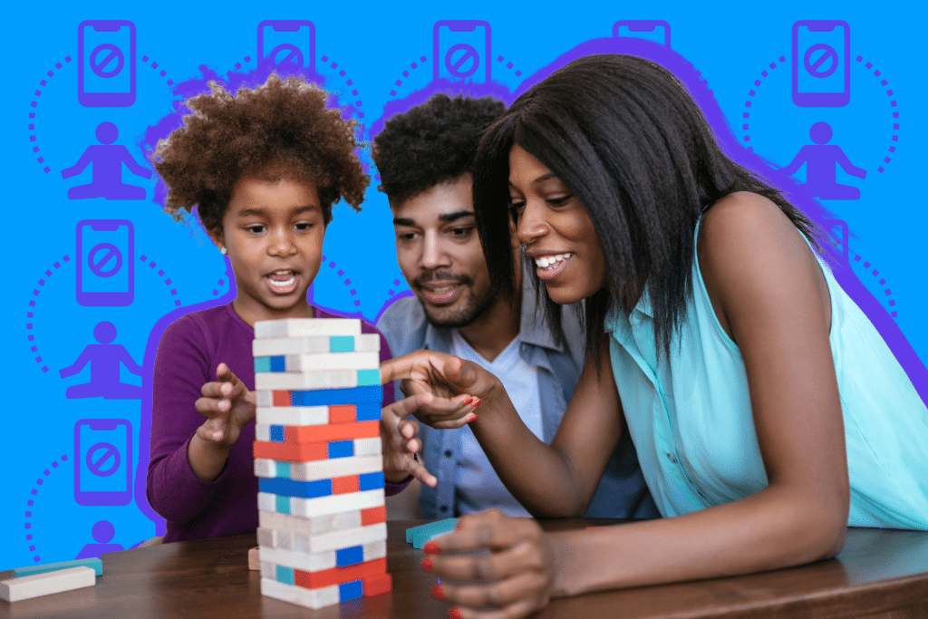 Cutout image of a black family of three playing Jenga block game on a blue background.