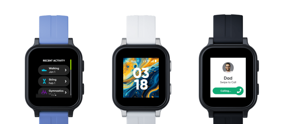 Gabb Watch 3e, three different watch faces, fitness app, watch face, and call screen