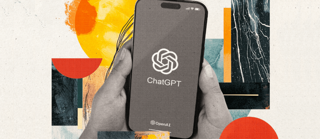 A stylized image of a hands holding a phone with a ChatGPT logo on the screen.